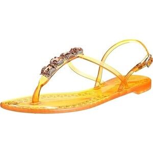 Casadei Orange Crystal Embellished Chain Decor Shiny PVC Jelly T-Bar Sandal Sz39